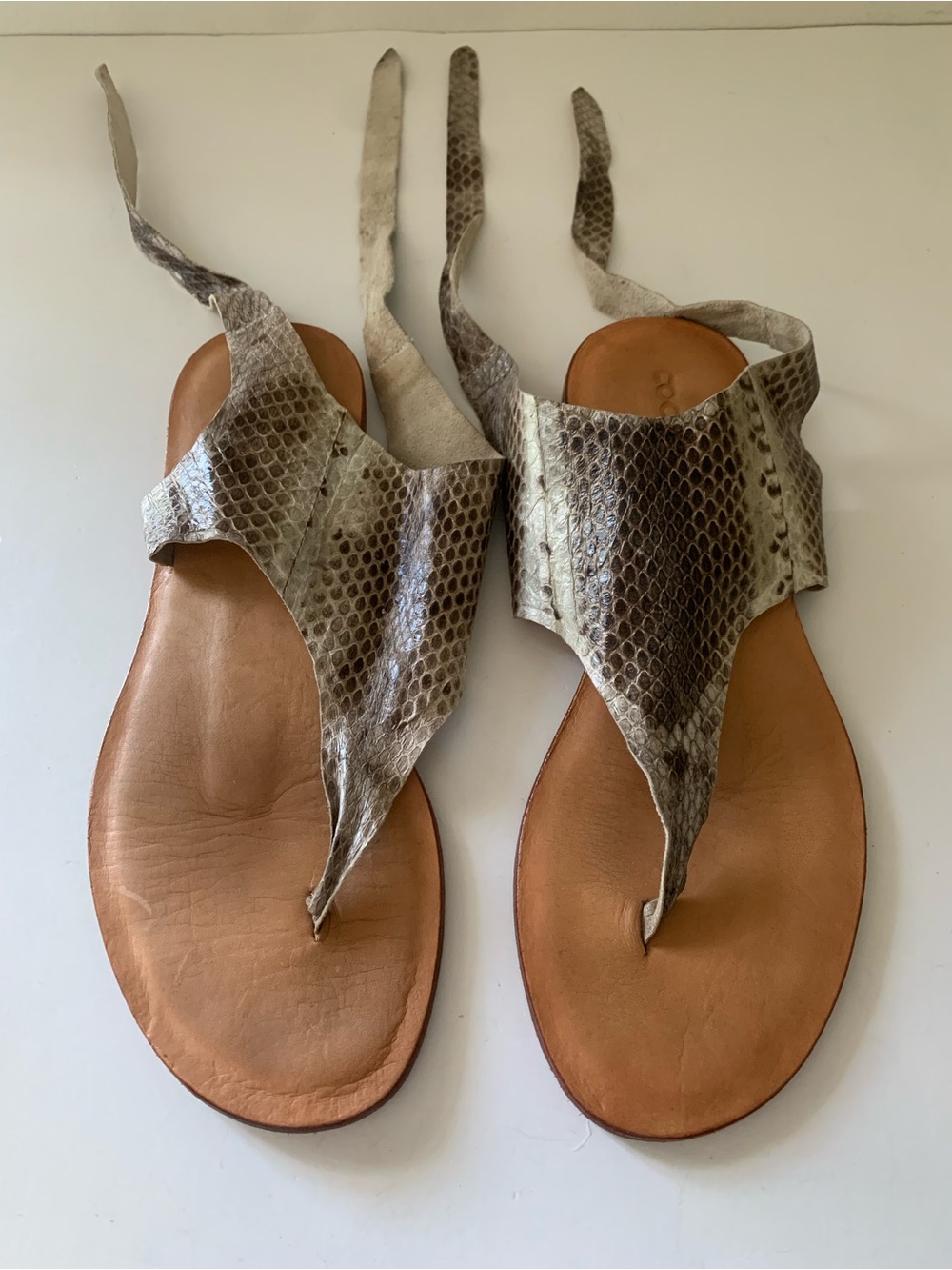 Cocobelle Tye Ankle Tie-Back Leather Python Snakeskin Thong Sandal, 37